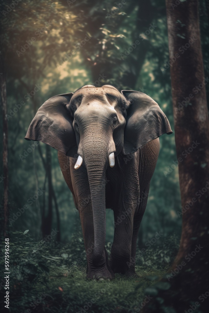 Aufkleber an elephant standing in the middle of a forest. ai generative image.