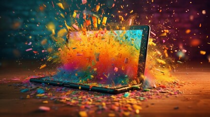 Explosive Tablet Photography: Vibrant Colours Bursting with Awarr3T and Glowing Stars on Shiny Backgrounds, Captured in Ultra-Detailed Quality, Generative ai
