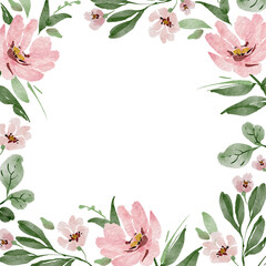 Square frame with delicate pink watercolor flowers painted by hand.