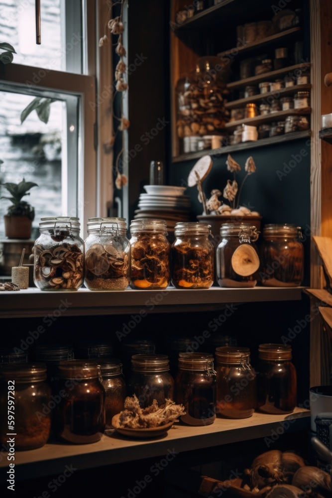 Poster a shelf filled with jars of dried mushrooms next to a window. ai generative image.