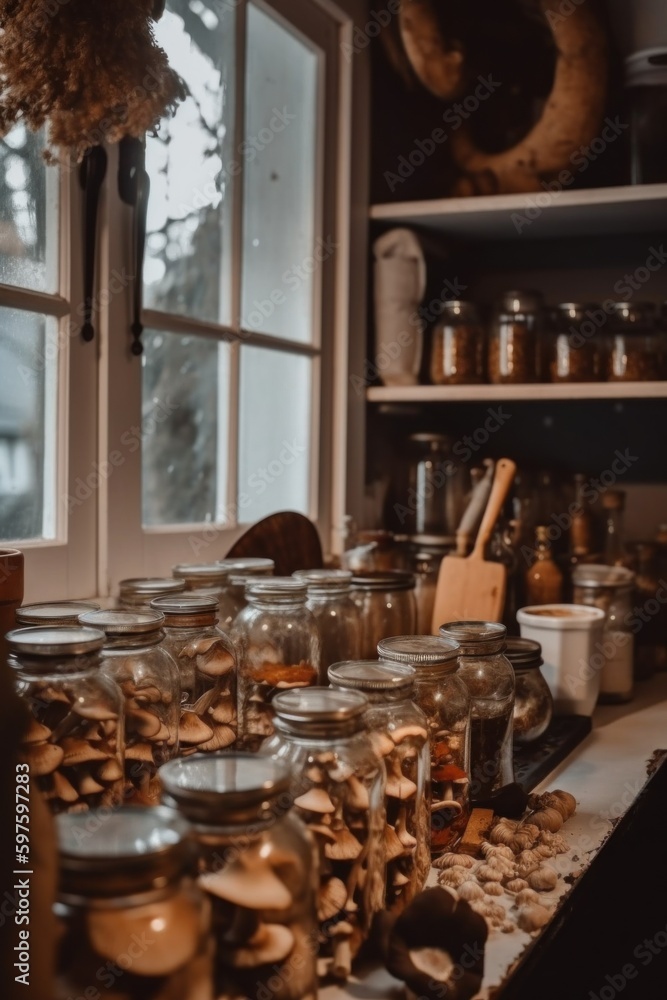 Poster a shelf filled with jars of dried mushrooms next to a window. ai generative image.