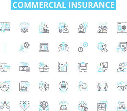 Commercial insurance linear icons set. Protection, Liability, Property, Business, Risk, Policy, Coverage line vector and concept signs. Premium,Claims,Damage outline illustrations