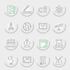 School line icon set, education symbols collection, vector sketches, neumorphic UI UX buttons, study signs linear pictograms package isolated on white background, eps 10.