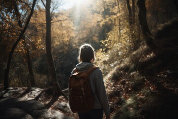 A person walking or hiking in a forest.
