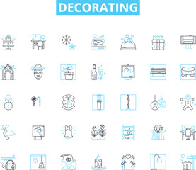 Decorating linear icons set. Aesthetics, Colors, Design, Furniture, Patterns, Textures, Arrk line vector and concept signs. Accessories,Lighting,Theme outline illustrations