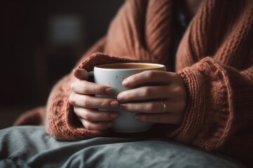 Hands holding a cup of herbal tea or coffee with a cozy blanket in the background.
