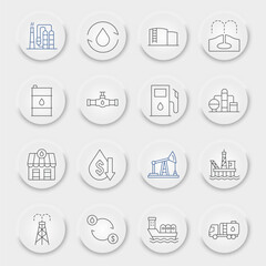 Oil industry line icon set, fuel production symbols collection, vector sketches, neumorphic UI UX buttons, nature resources signs linear pictograms package isolated on white background, eps 10.