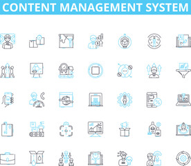 Content management system linear icons set. Database, Interface, Template, Plugins, Widgets, Platform, Administration line vector and concept signs. Workflow,Search,Integration outline illustrations