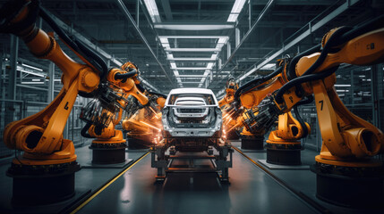 Fototapeta premium Car factory assembly line with automatic robotic arms working. Generative AI