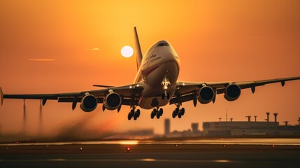 Fototapeta na wymiar A large jetliner taking off from an airport runway. AI generative image.