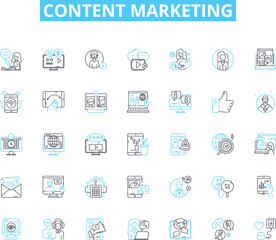 Content marketing linear icons set. Strategy, Blogs, Infographics, Videos, Social media, SEO, Analytics line vector and concept signs. Branding,Engagement,Newsletter outline illustrations