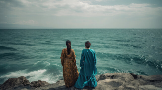 Zwei Frauen unterhalten sich vor dem Meer