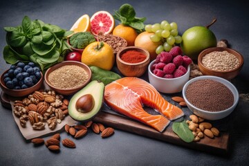 Fototapeta na wymiar A selection of healthy food promoting heart health and a healthy lifestyle. Image generated by AI