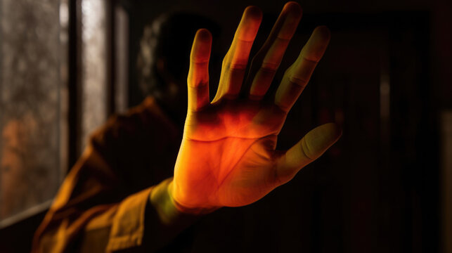 Verbergen - Stop Gebärde - Mann hält Hand vor sein Gesicht. Bild zum Thema psychische Gesundheit und soziale Angst und Depressionen