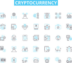 Cryptocurrency linear icons set. Bitcoin, Blockchain, Ethereum, Altcoins, Mining, Wallets, Trading line vector and concept signs. Exchange,Decentralized,Security outline illustrations