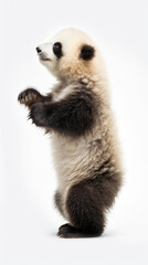 Fototapeta premium Cute funny panda bear cub dancing isolated. Happy fuzzy baby panda for kids advertising. Ai generative art.