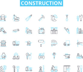 Construction linear icons set. Renovation, Framing, Roofing, Pouring, Demolition, Carpentry, Foundation line vector and concept signs. Blueprints,Concrete,Excavation outline illustrations