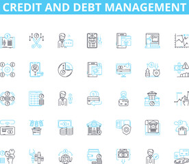 Credit and debt management linear icons set. Credirthiness, Interest, Balance, Budget, Score, Finance, Collection line vector and concept signs. Mortgage,Loan,APR outline illustrations