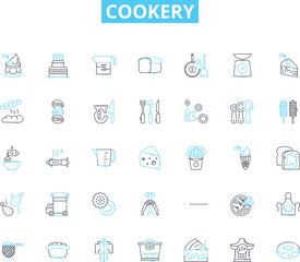 Cookery linear icons set. Spices, Recipe, Flavors, Baking, Seasoning, Fry, Grilled line vector and concept signs. Sauteed,Roasted,Simmer outline illustrations