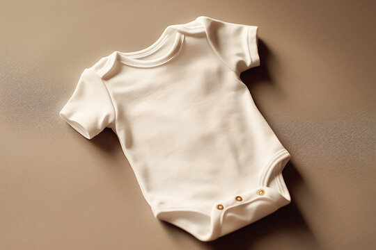 white baby bodysuit on a light background, top view, mockup. The image is generated by AI
