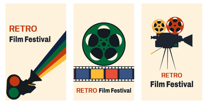 Vector set of retro vertical posters with vintage film camera and film reel. Template for film festival backgrounds.Vector illustration