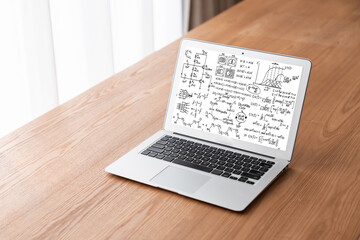 Mathematic equations and modish formula on computer screen showing concept of science and education