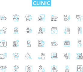 Clinic linear icons set. Healing, Recovery, Treatment, Caregiving, Health, Check-up, Specialist line vector and concept signs. Diagnosis,Consultation,Therapy outline illustrations