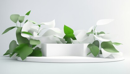 3D render beautiful white podium templates with natural green leaves plant twig (Generative AI)