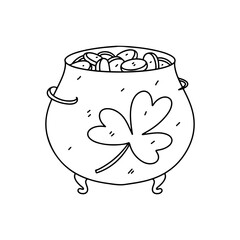 Coins in the st. patrick s pot decorated with clover in hand drawn doodle style. Vector illustration isolated on white. Coloring page.