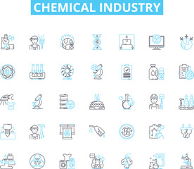 Chemical industry linear icons set. Polymer, Catalyst, Petrochemical, Solvent, Acid, Alkali, Reactor line vector and concept signs. Petrochemistry,Refining,Enzyme outline illustrations