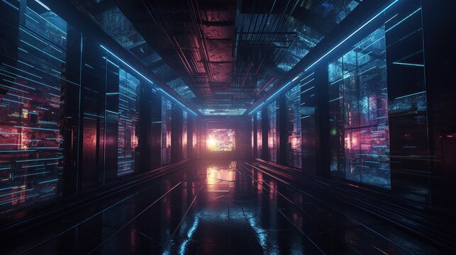 Futuristic HUID Displays Massive AI Data Center Processing Information for Cutting-Edge Construction, Transportation & Industry in Urban Cities, Generative ai