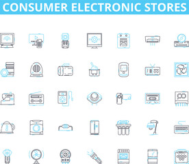 Consumer electronic stores linear icons set. Gadgets, Appliances, Smartphs, Tablets, Laptops, Cameras, Headphs line vector and concept signs. Speakers,Gaming,Wearables outline illustrations
