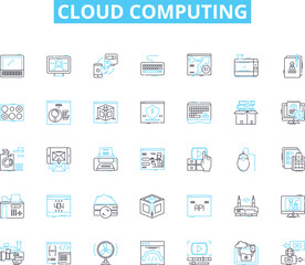 Cloud computing linear icons set. Storage, Computing, Virtualization, Scalability, Security, Nerk, Platform line vector and concept signs. Efficiency,Accessibility,Deployment outline illustrations
