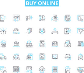 Buy online linear icons set. Convenience, Accessibility, Shop, Purchase, Browse, E-commerce, Online line vector and concept signs. Cyberspace,Digital,Internet outline illustrations