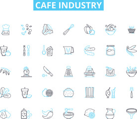 Cafe industry linear icons set. Coffee, Espresso, Latte, Cappuccino, Tea, Bakery, Croissant line vector and concept signs. Pastry,Muffin,Sandwiches outline illustrations