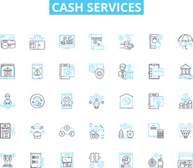 Cash services linear icons set. Loan, Deposit, Withdrawal, ATM, Credit, Debit, Exchange line vector and concept signs. Currency,Fund,Transfer outline illustrations