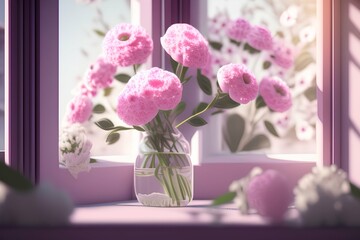 White and pink flowers by the window - generative ai