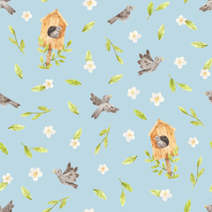 Spring pattern with birds and flowers. Seamless watercolor texture on blue background. Hand-drawn pattern with birds, birdhouse, leaves, flowers