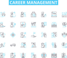 career management linear icons set. Planning, Development, Advancement, Nerking, Promotion, Mentoring, Leadership line vector and concept signs. Pathway,Skills,Coaching outline illustrations