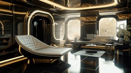 Fototapeta premium Shiny Gold and Black Interior Luxury with Bionic Design and Award-winning 8K HD Walls - Transport in Style with Metal Cars, Trains, Boats and More, Generative ai