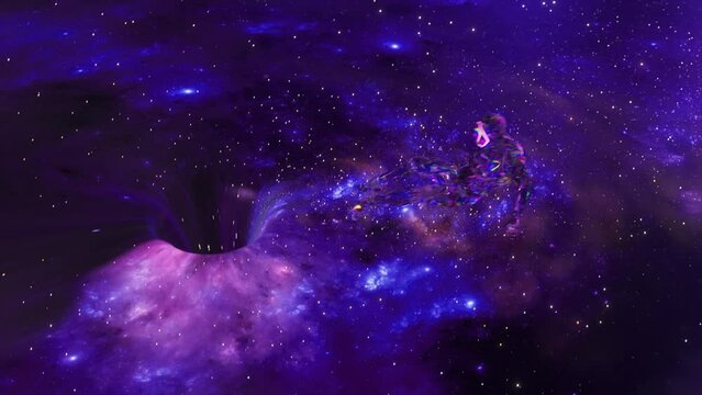  The cosmic vortex sucks in the glass man. Danger. Galaxy. Milky Way. The surface of the starry sky. 3d animation 