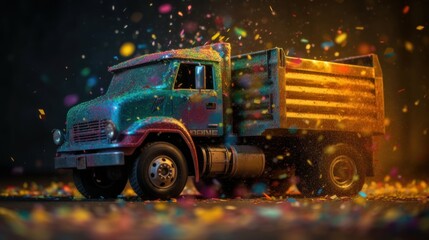 Ultra-detailed Dump Truck in Explosive Colors: A Vibrant Transport Photoshoot with Sony A9 and 35mm Lens, Set Against Shiny Background, Generative ai