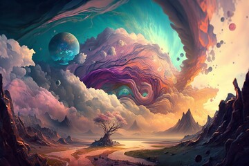 Behold a fantastical planet with swirling clouds and vibrant landscapes. A captivating world that sparks the imagination. Generative AI
