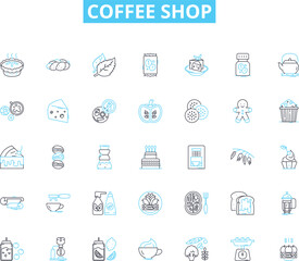 Coffee shop linear icons set. Aromatic, Roasted, Inviting, Relaxing, Caffeine, Frothy, Creamy line vector and concept signs. Latte,Espresso,Cappuccino outline illustrations