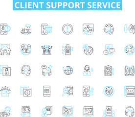 Client support service linear icons set. Satisfaction, Assistance, Communication, Feedback, Resolution, Helpfulness, Empathy line vector and concept signs. Responsiveness,Availability,Reliability