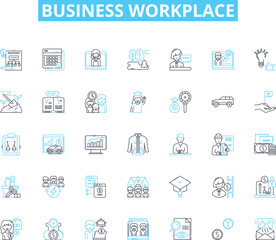 Business workplace linear icons set. Collaboration, Productivity, Communication, Efficiency, Innovation, Leadership, Teamwork line vector and concept signs. Creativity,Accountability,Diversity outline