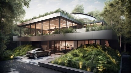 Carbon-negative luxury: A stunning home with rooftop garden & eco-friendly supercar actively reducing CO2 for a greener tomorrow, Generative ai