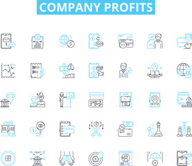 Company profits linear icons set. Earnings, Revenue, Income, Bonuses, Growth, Expenses, Margin line vector and concept signs. Net,Savings,Returns outline illustrations