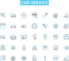 Car Service linear icons set. Maintenance, Repairs, Tune-ups, Diagnostics, Oil changes, Brakes, Suspension line vector and concept signs. Transmission,Engine,Air conditioning outline illustrations