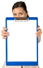 Woman Showing a Blank Clipboard